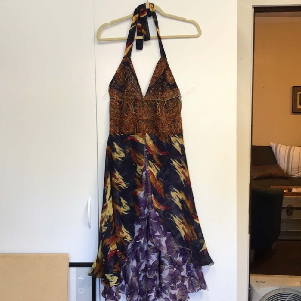 Silk halter festival dress blue purple XL medium.